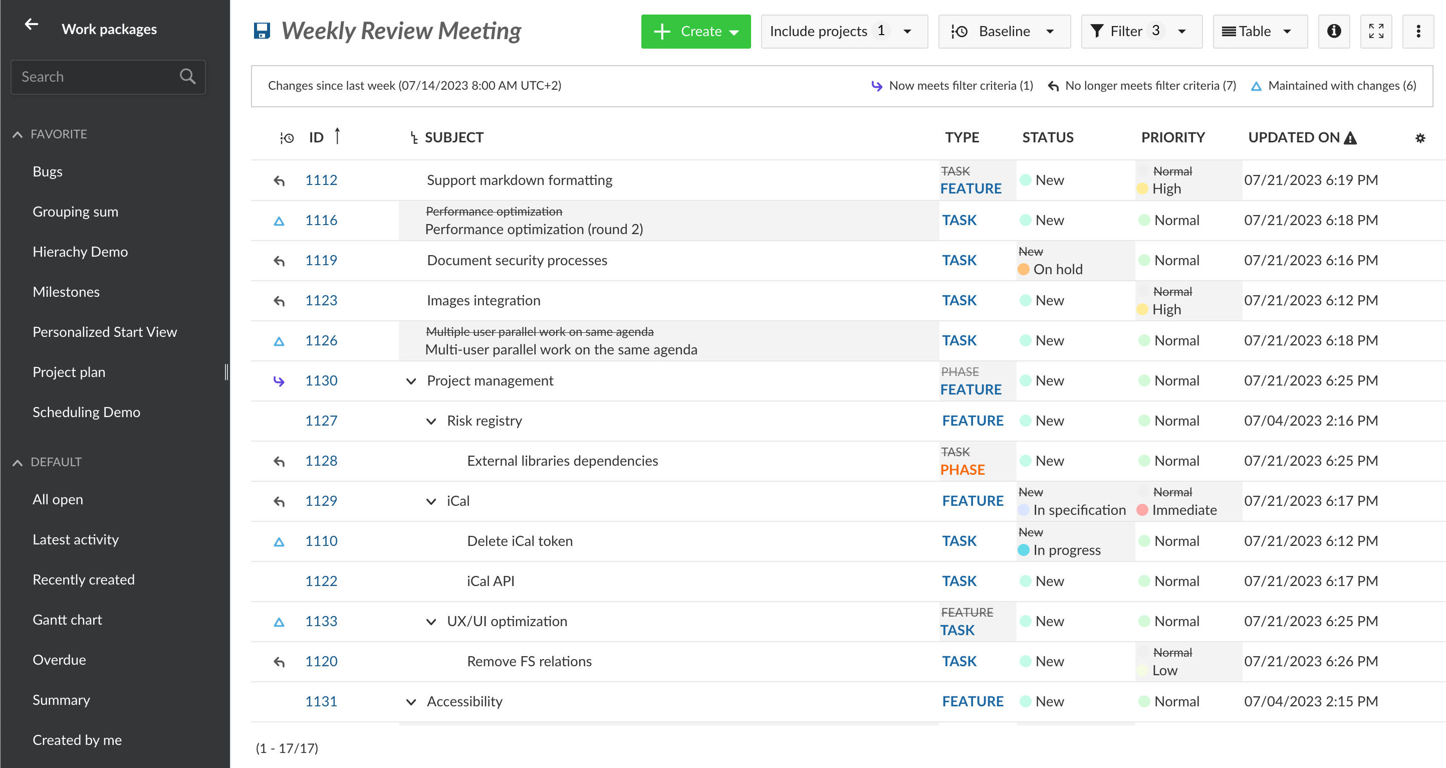 Work package table list with Baseline enabled