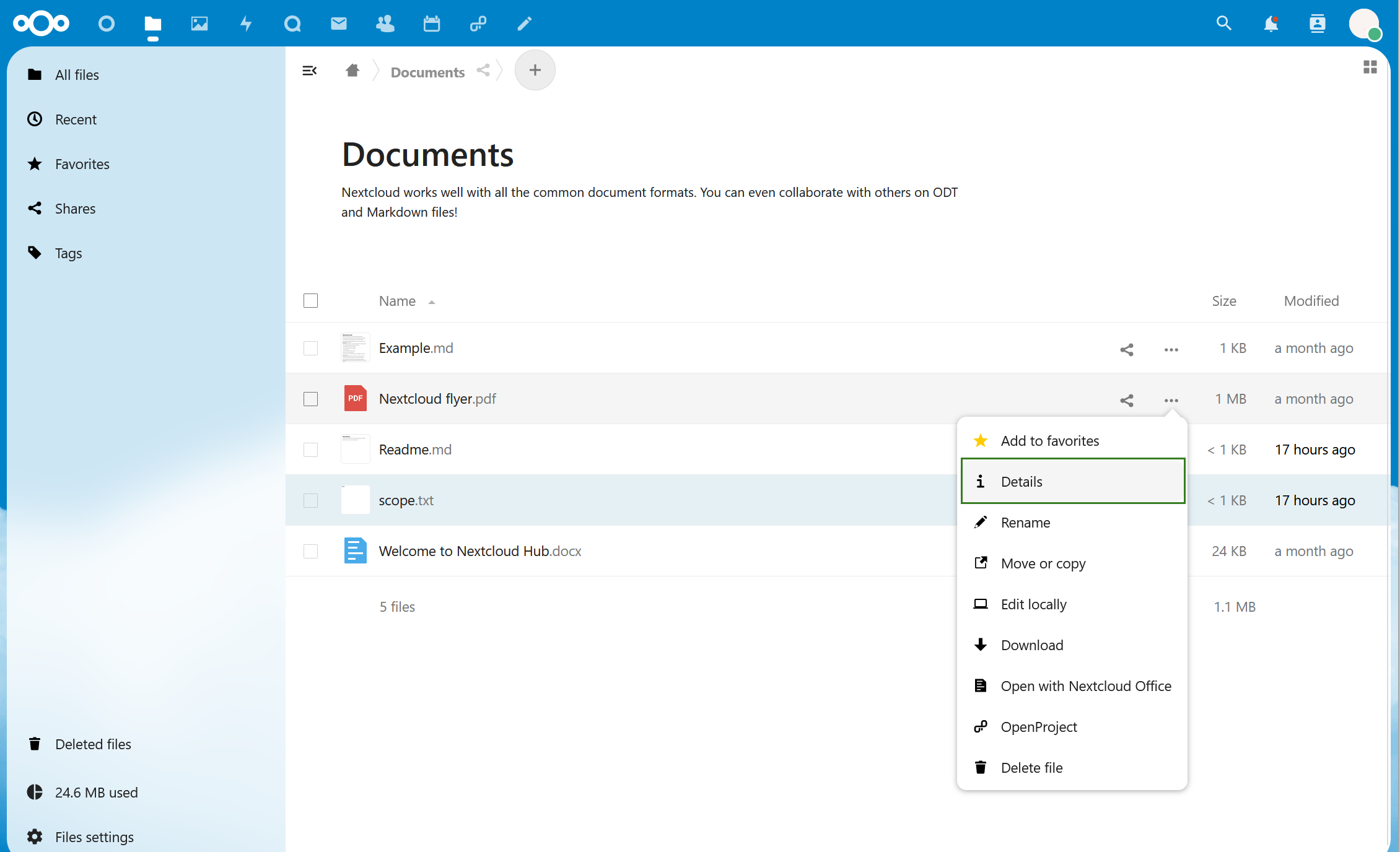 Open files details in Nextcloud