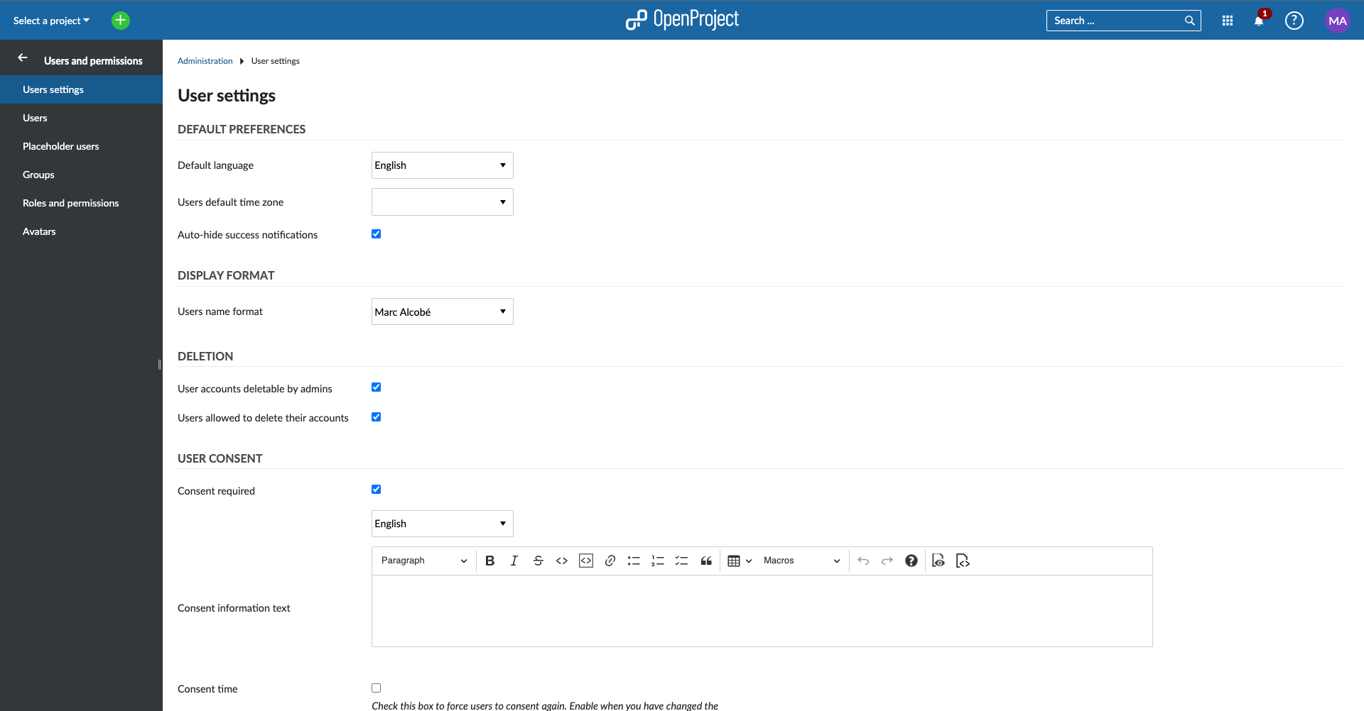 user and permissions settings