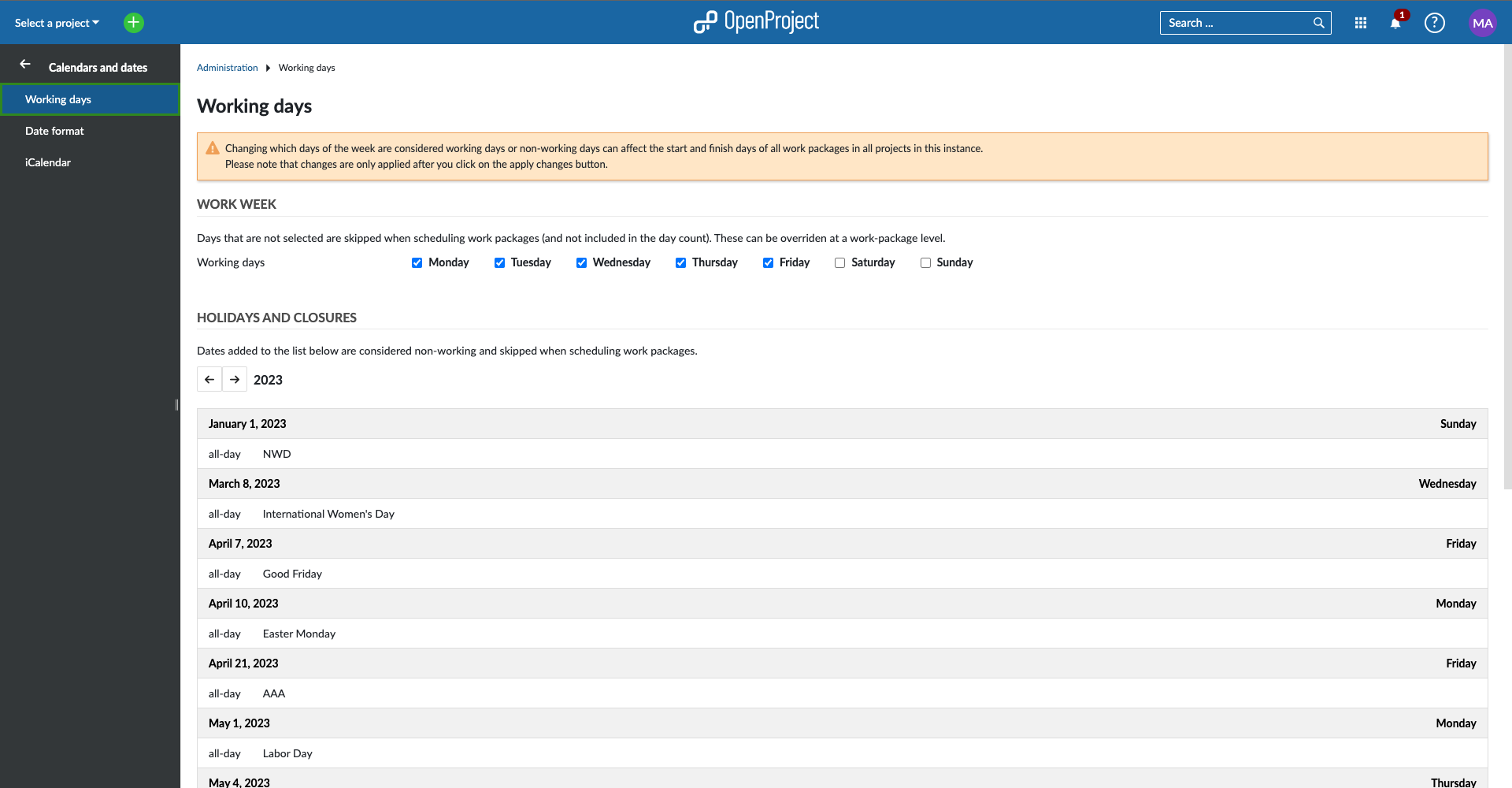 The 'Working days' entry in Calendar and dates settings 