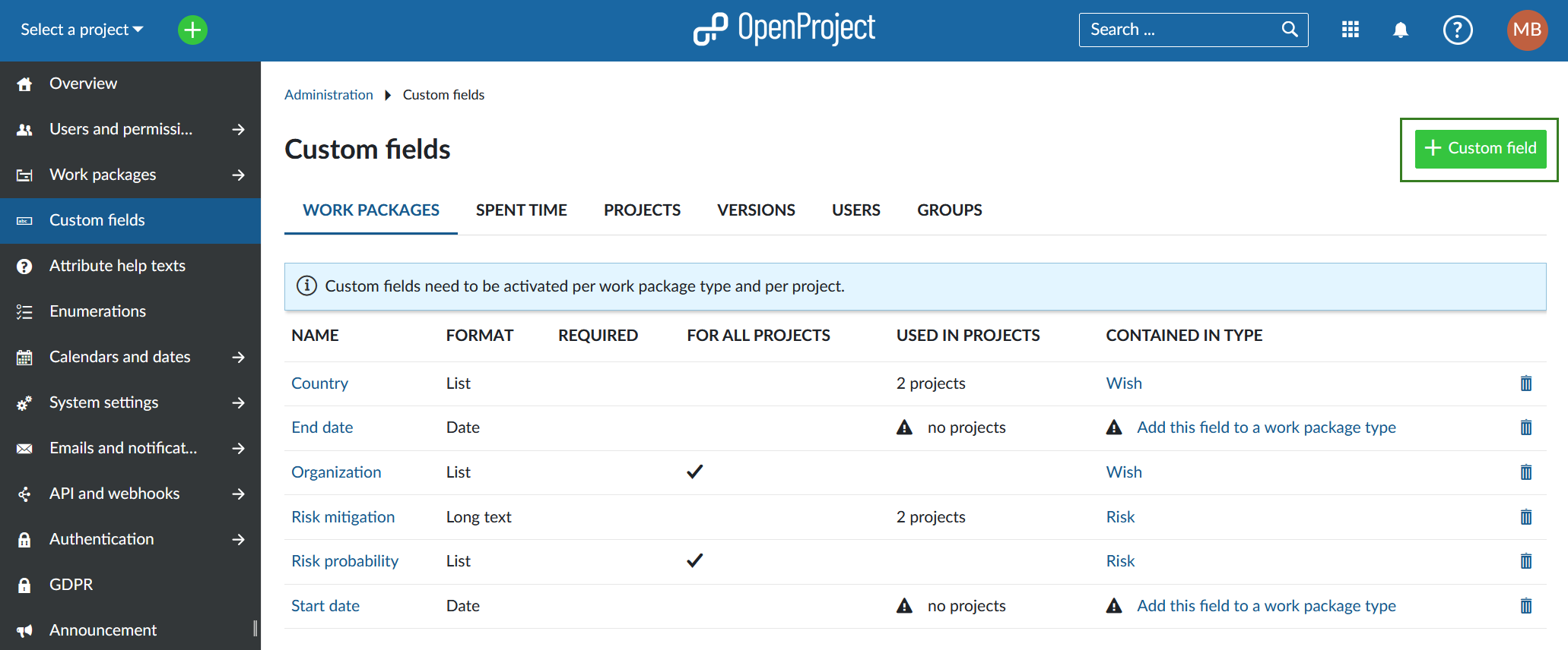 Custom fields in Nepenthes administration settings