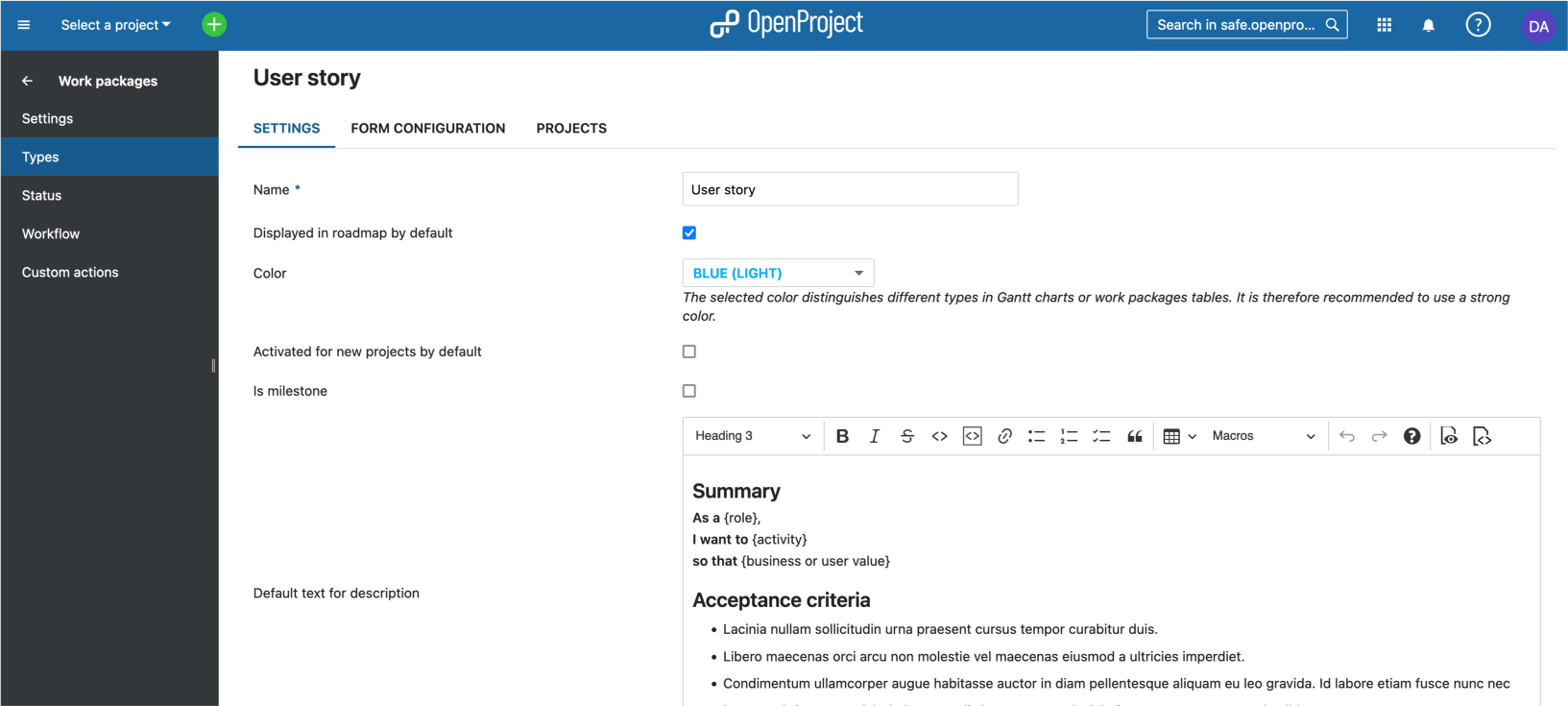 Define types - User story