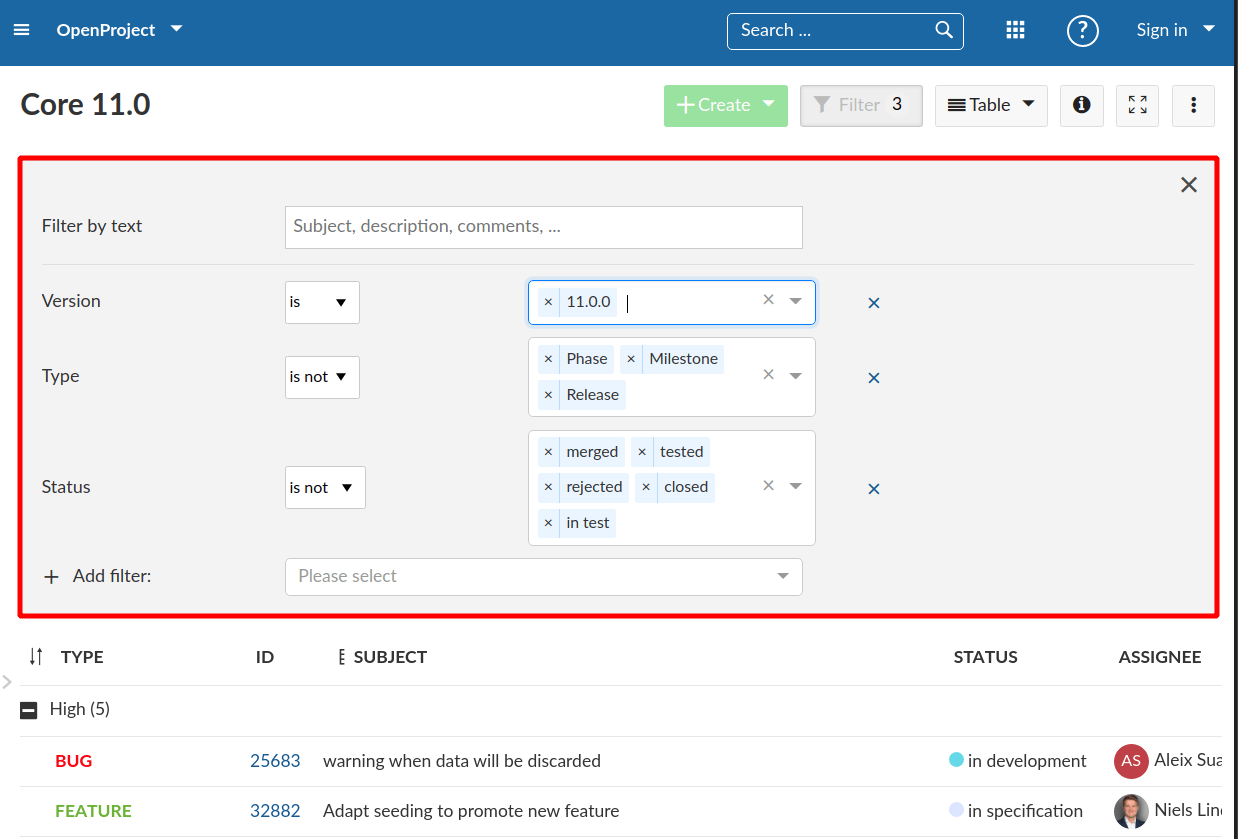 Work package query filters