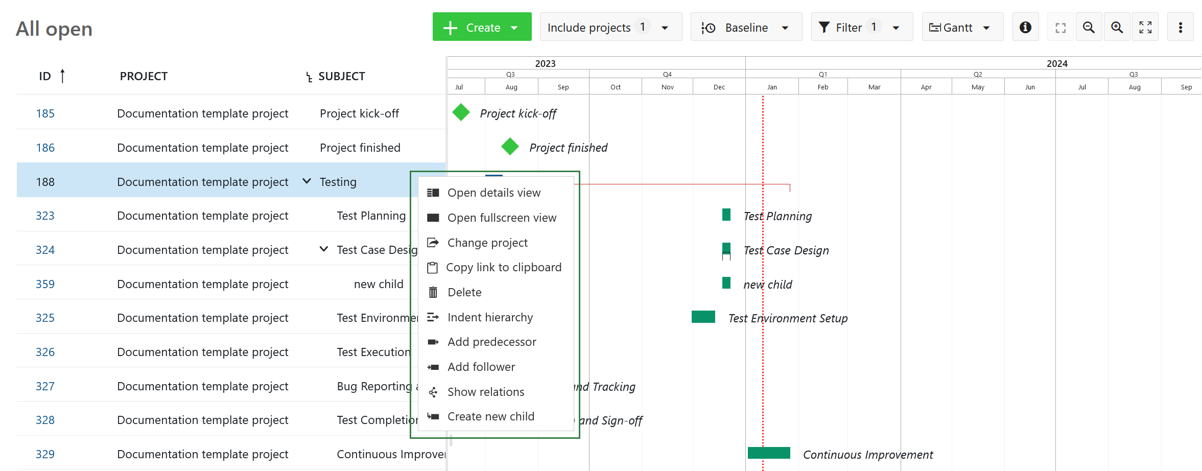 Quick context menu in Nepenthes Gantt chart work packages view