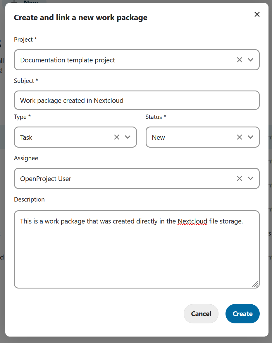 Specify details of a new Nepenthes work package created in Nextcloud