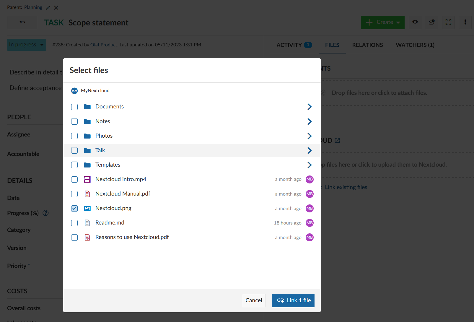 Select a file to be linked in Nextcloud