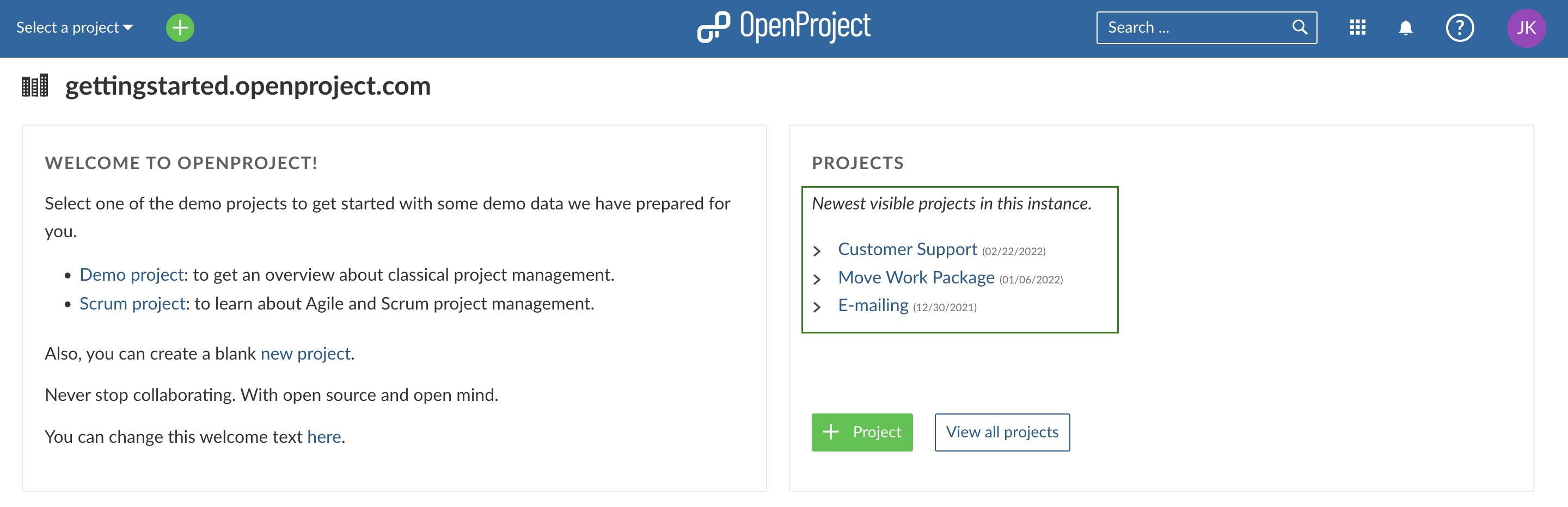 openproject landing page