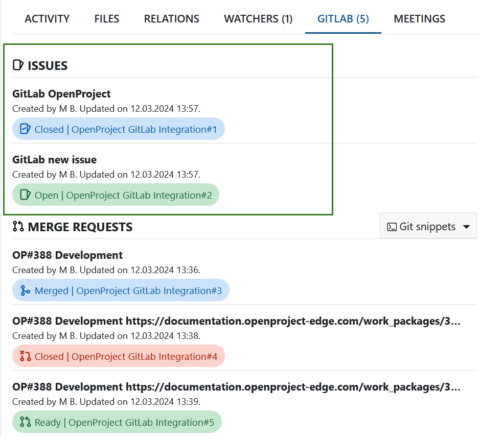 New GitLab issues shown in Nepenthes work packages