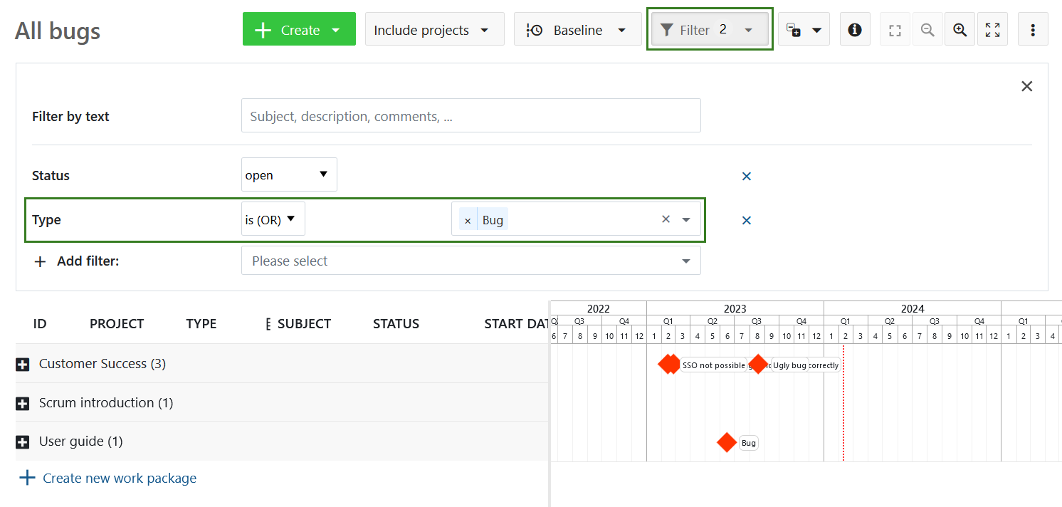 Filtering project aggregated projects Gantt chart view in Nepenthes