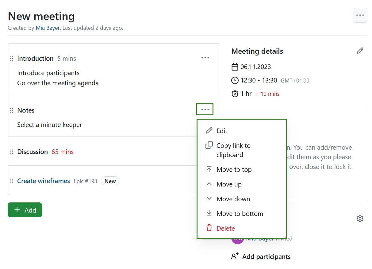 Edit agenda in Nepenthes dynamic meetings