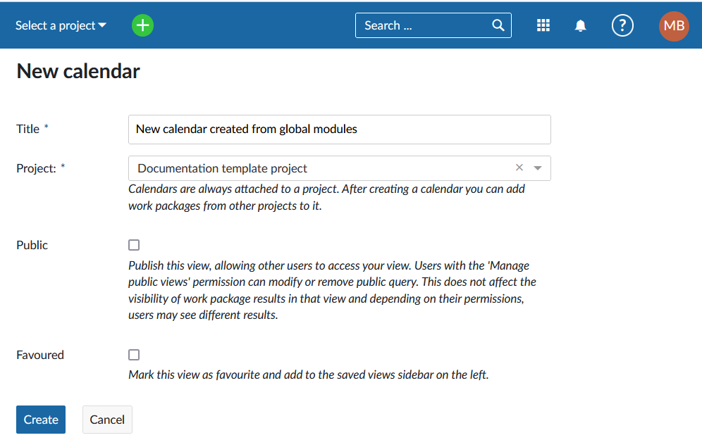 Creating a new calendar from the Calendars global module