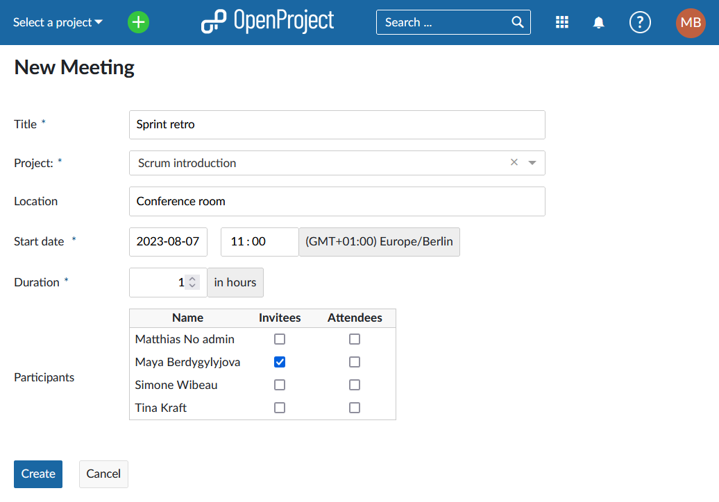 Creating a new meeting from the Meetings global module