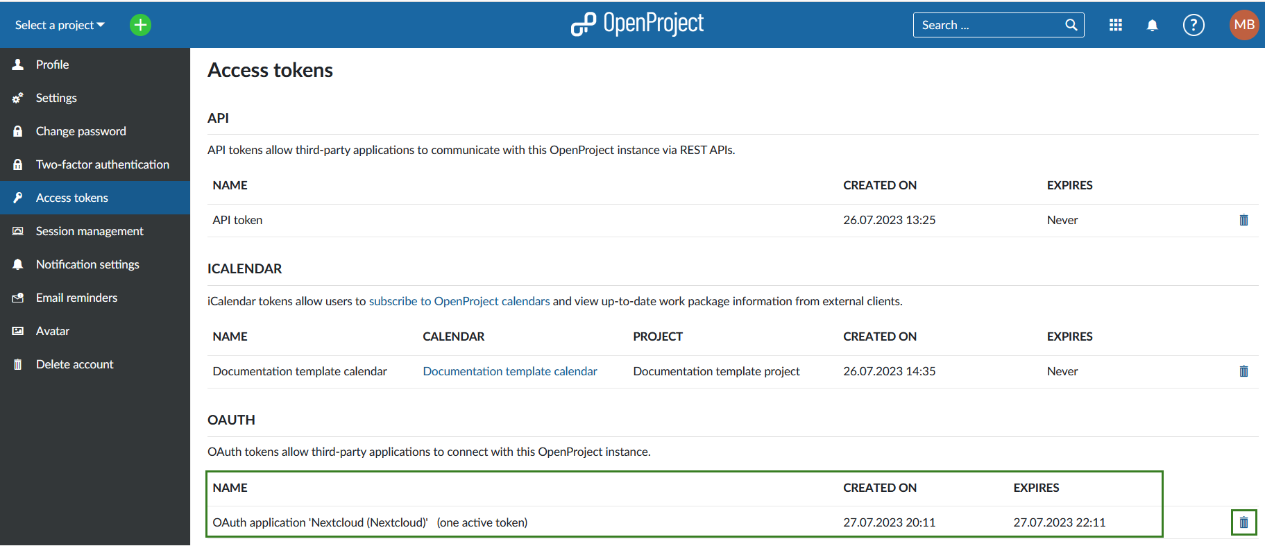 Nepenthes OAuth tokens under My Account