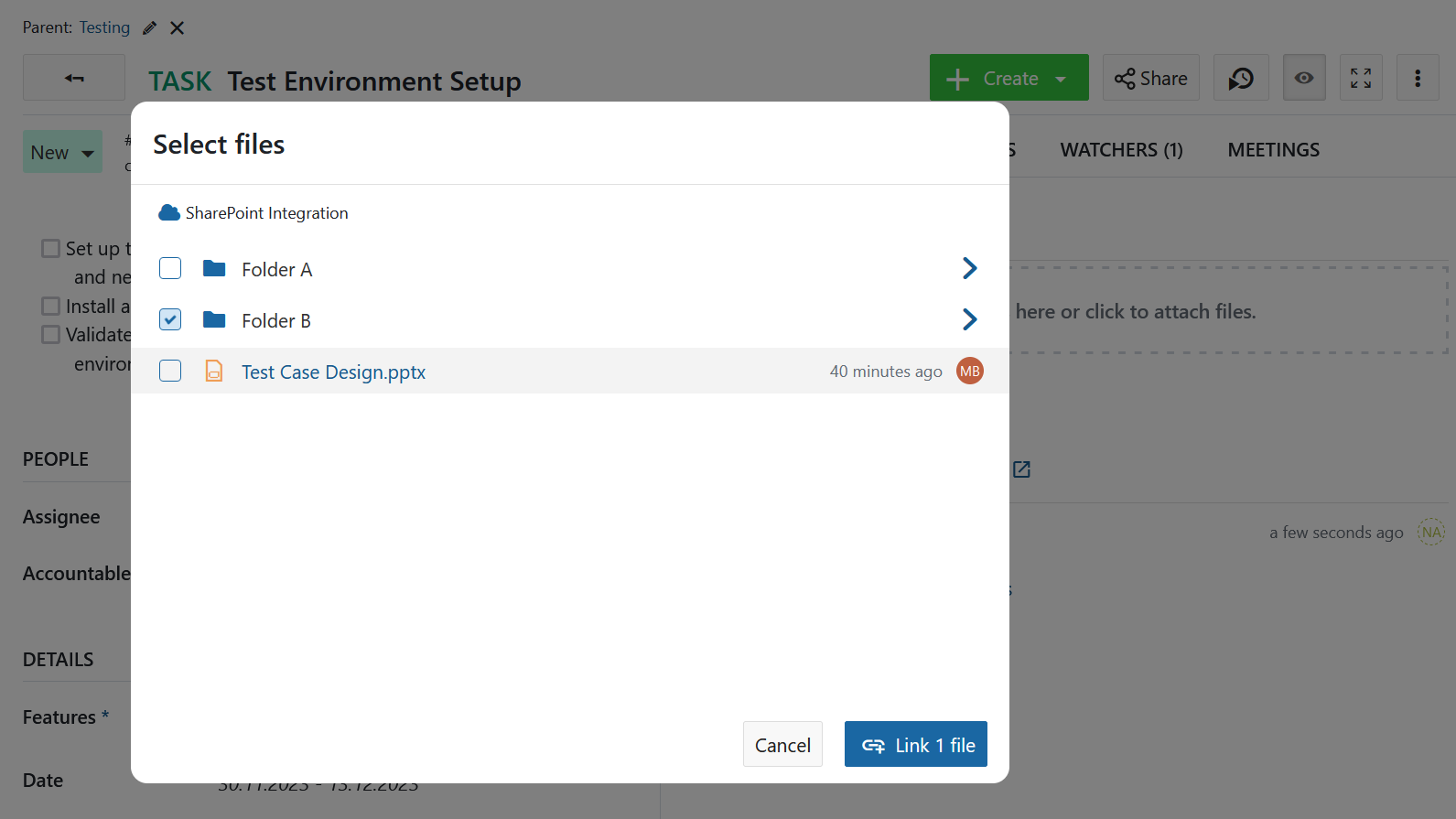 Select a SharePoint file or folder to link to an Nepenthes work package