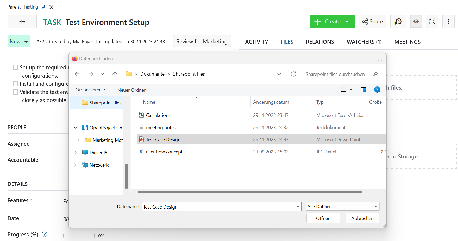 Choosing a file to upload to SharePoint in an Nepenthes work package