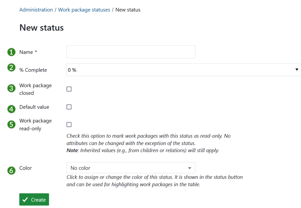 Create a new work package status in OpenProject administration