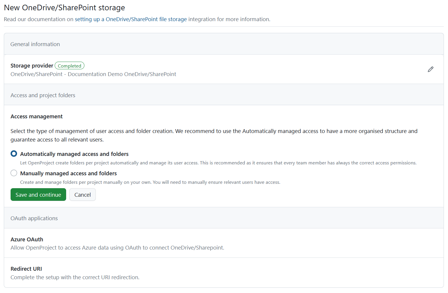 Access and project folders details in OneDrive/SharePoint file storages setup in OpenProject