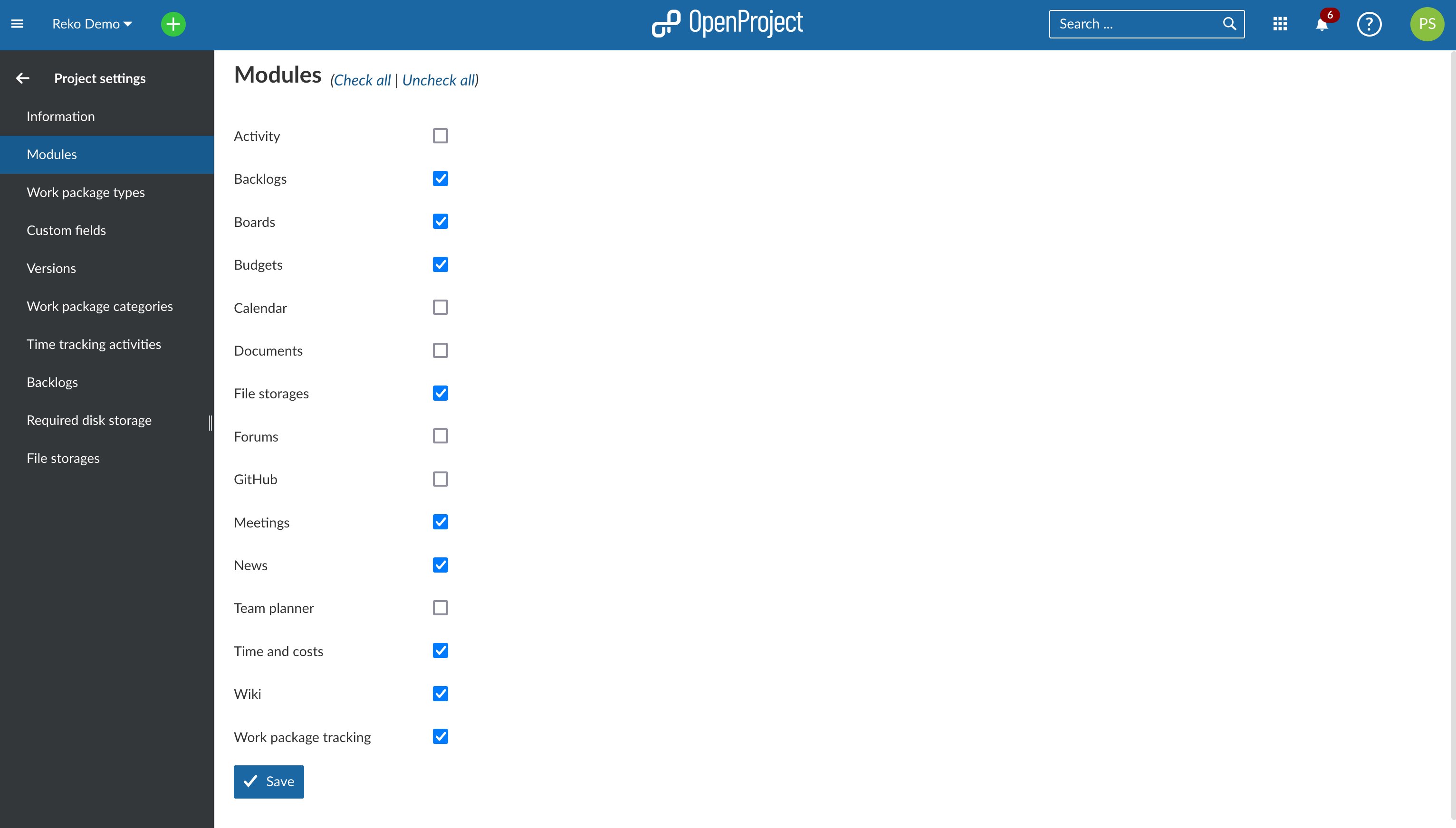 List of modules activated for a project