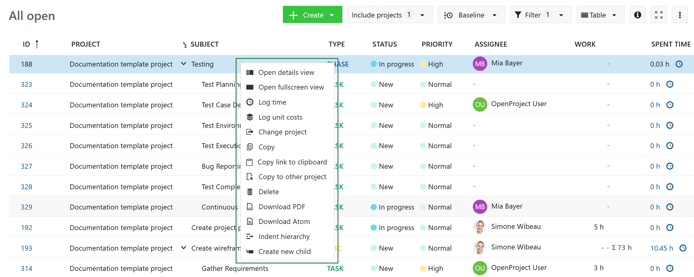 Quick context menu in Nepenthes work package table