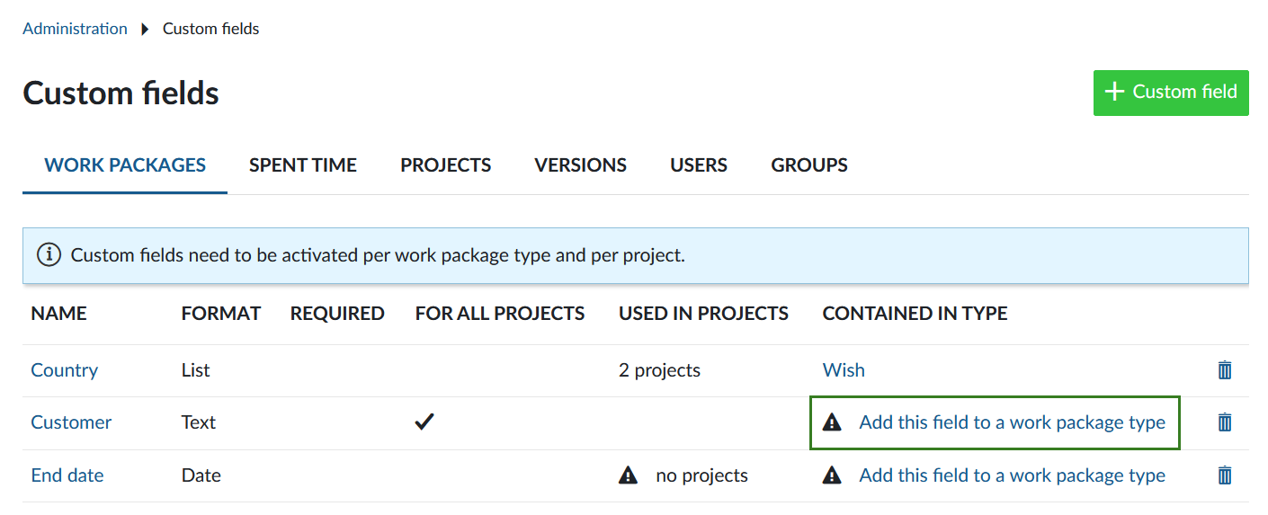 Add a custom field to a work package type